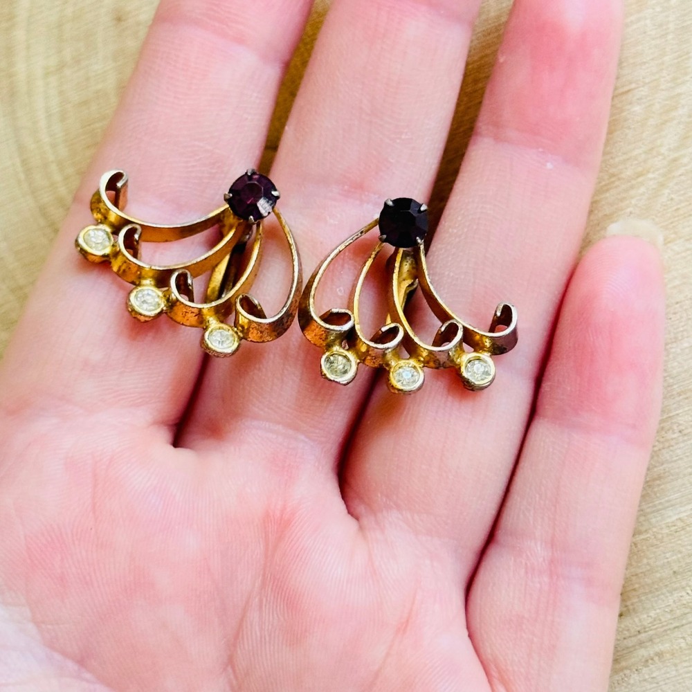 Flapper Scroll Screw Back Earrings jeweled Rhinestone Art Deco VTG Sterling 925